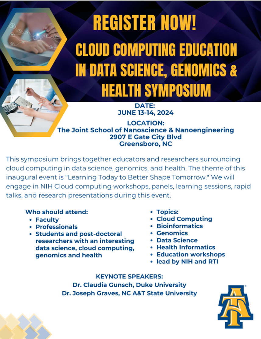 Cloud Computing Education in Data Science, Genomics and Health Symposium Registration Flyer